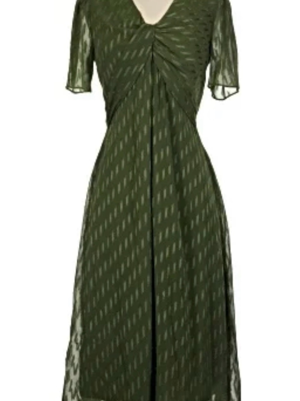 London Times Olive Green V‑Neck Midi Dress with Sheer Short Sleeves